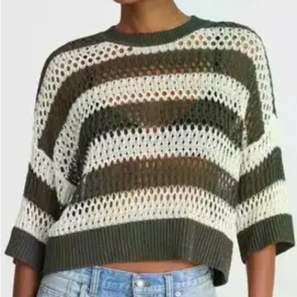 Madewell Olive &‎ Cream Open-Weave Striped Crop Sweater